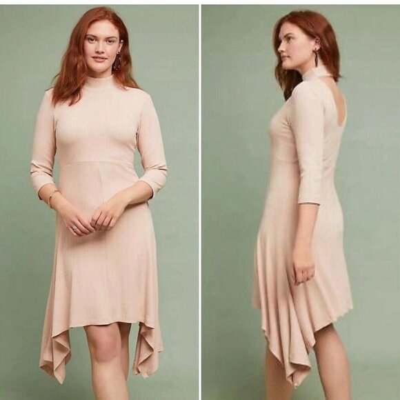 Anthropologie Ribbed Knit Midi Dress Light‎ Pink Asymmetrical Mock Small - Picture 1 of 8